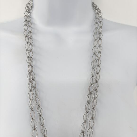 Natasha Silver-tone Woven Link Necklace – 36" Length, Two Strand, Textured Links - Picture 3 of 7